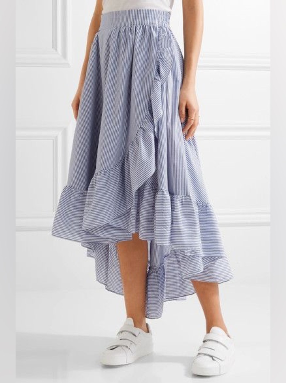 Maje Blue White Stripe Ruffle High Low Midi Skirt Size 2 Medium
